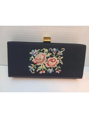 1940s Vintage Small Black Floral Petit Point Clutch With Gold Colored Clasp